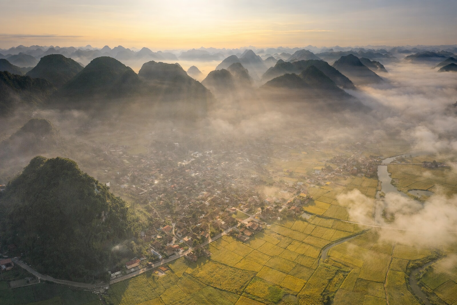 Golden rice paddies during harvest season in Bac Son Valley